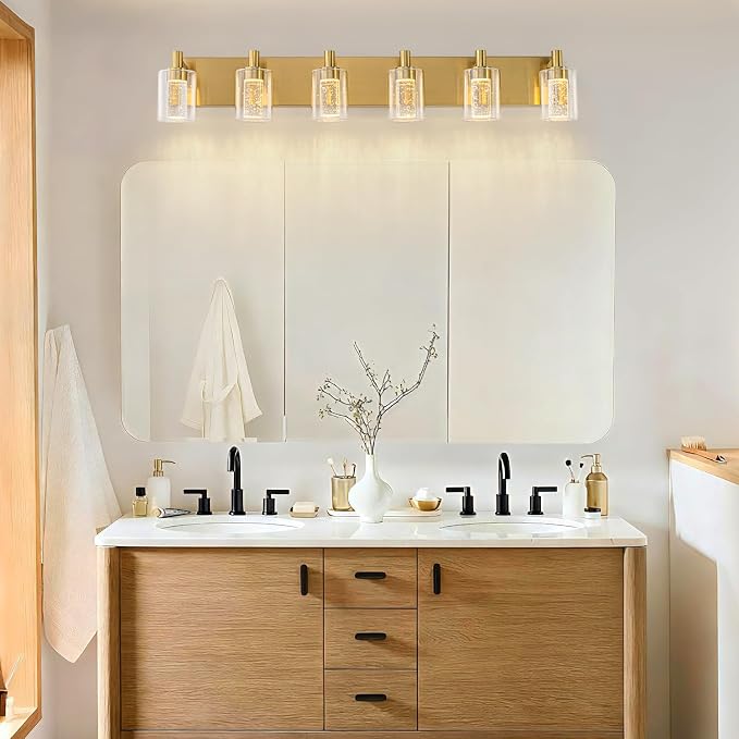 SineRise Vanity Light with 3 Color Modes (3000K/4000K/6000K), Eye Protection LED Bathroom Light Fixture, Dimmable Modern Wall Light Over Mirror with Clear Glass Shade (Gold, 6-Light)