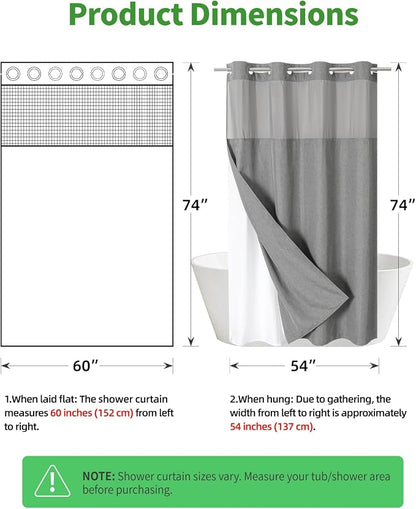 eachope No Hook Linen Texture Shower Curtain with Snap-in Liner,60x74 Grey | 230GSM Thick Fabric,Hotel Luxury Decor,Mesh Top Window,Waterproof & Machine Washable,for Shower Stall or Bathroom