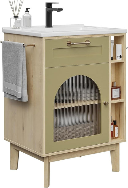 LIKIMIO 24 Inch Bathroom Vanity with Sink, Compact Bathroom Cabinet with Integrated Ceramic Sink, Arched Glass Door Storage with Adjustable Shelf, Towel Bar & Toilet Paper Holder for Small Bath