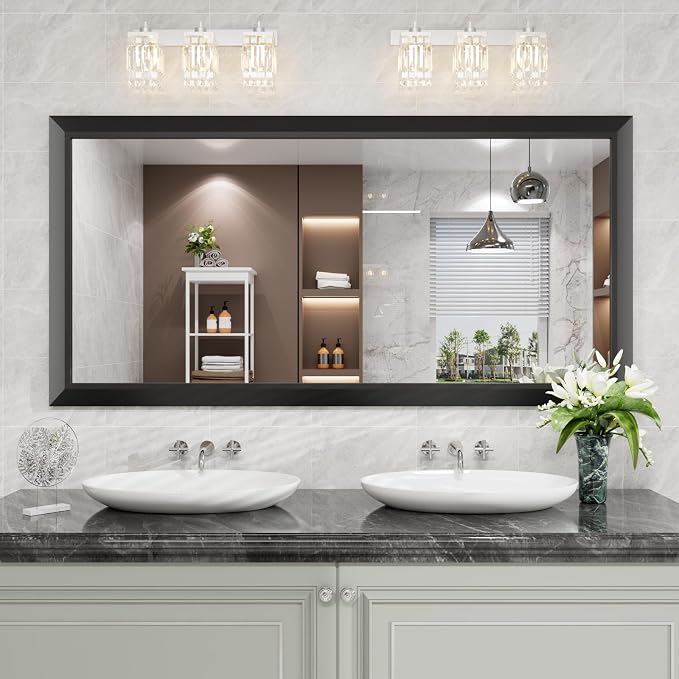Black Bathroom Mirror, 60x28 Inch | Thick Metal Framed, HD Reflection, Anti-Rust, Hang Horizontally/Vertically, Suitable for Vanity, Bedroom, Bathroom, Entryway