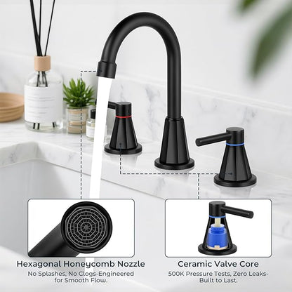 Bathroom Faucets for Sink 3 Hole 8 Inch Widespread 2 Handle Bathroom Faucet with Pop-up Drain and 360° Swivel Spout,Matte Black
