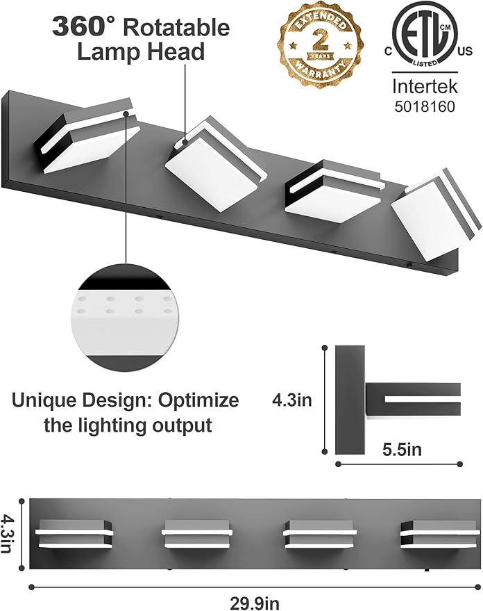 VOLISUN Modern 30-Inch 4-Light Black LED Bathroom Vanity Light Fixtures Over Mirror, 5CCT Dimmable, ETL Certificated