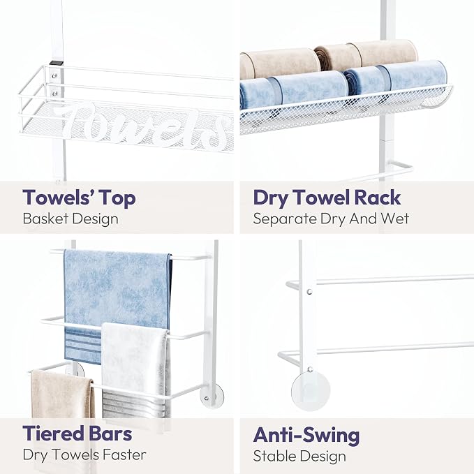 SWTYMIKI Over the Door Towel Racks for Bathroom - 5-Tier Wall Mounted Bathroom Towel Storage Organizer Holder with Metal Shelf, White