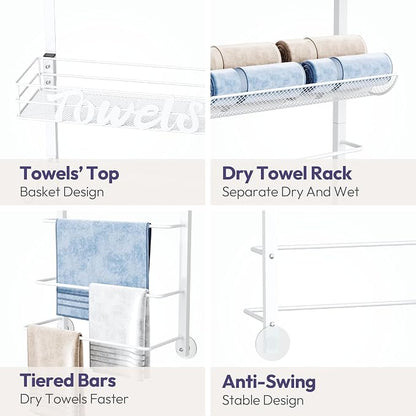 SWTYMIKI Over the Door Towel Racks for Bathroom - 5-Tier Wall Mounted Bathroom Towel Storage Organizer Holder with Metal Shelf, White