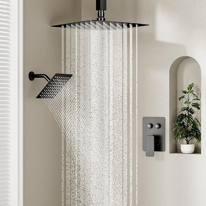Shower Faucet Set Matte Black Shower System, STARBATH 10" Ceiling Mount Rain Showerhead and 6" Wall Mounted Rainfall Shower for Couples, On Off Button Valve Dual Head Shower Systems Complete