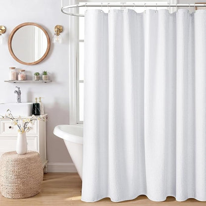 Waffle Shower Curtain 256 GSM Heavy Duty Fabric 72"x72" White | Thick Textured Cloth, Weighted Hem, Water Repellent Washable, Hotel Luxury Polyester Shower Curtain Set for Bathroom 12 Hooks