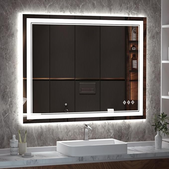 LED Bathroom Mirror, 40x32 Inch Gradient Front and Backlight Bathroom Vanity Mirror, 3 Colors Dimmable CRI>90 Double Lights, IP54 Enhanced Anti-Fog, Hanging Plates Wall Mount LED Mirror
