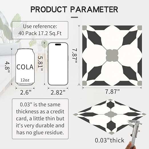 MORCART 40PCS 7.87" x 7.87" Peel and Stick Floor Tile, Black | Self-Adhesive DIY Vinyl Flooring, Removable and Waterproof Tile Sticker for Bathroom, Kitchen, Wall, Bedroom, Stairs