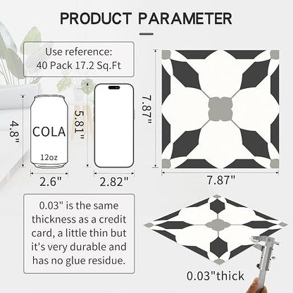 MORCART 40PCS 7.87" x 7.87" Peel and Stick Floor Tile, Black | Self-Adhesive DIY Vinyl Flooring, Removable and Waterproof Tile Sticker for Bathroom, Kitchen, Wall, Bedroom, Stairs