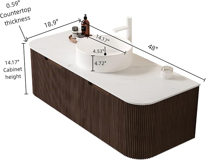 LKTART 48 Inch Floating Bathroom Vanity with Sink, Modern Wall Mounted Bathroom Storage Cabinet with Drawer, Round White Ceramic Sink Top and Marble Texture Top, Walnut