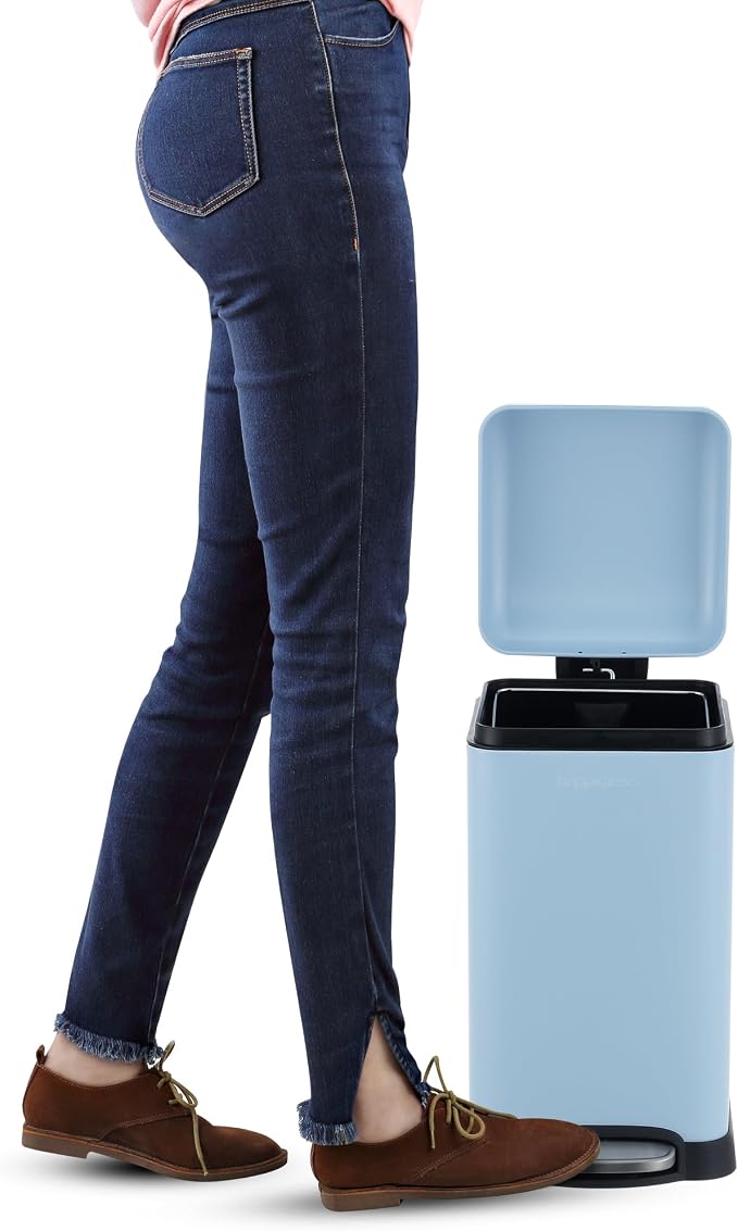 happimess Betty Retro Mini 3.2 Gal Step Trash Can, Tide Pool Blue | Soft-Close Lid, Removable Liner, Iron, Hands-Free Pedal, Satin Finish, Non-Skid Base, Built-In Damper, Modern, Minimalistic
