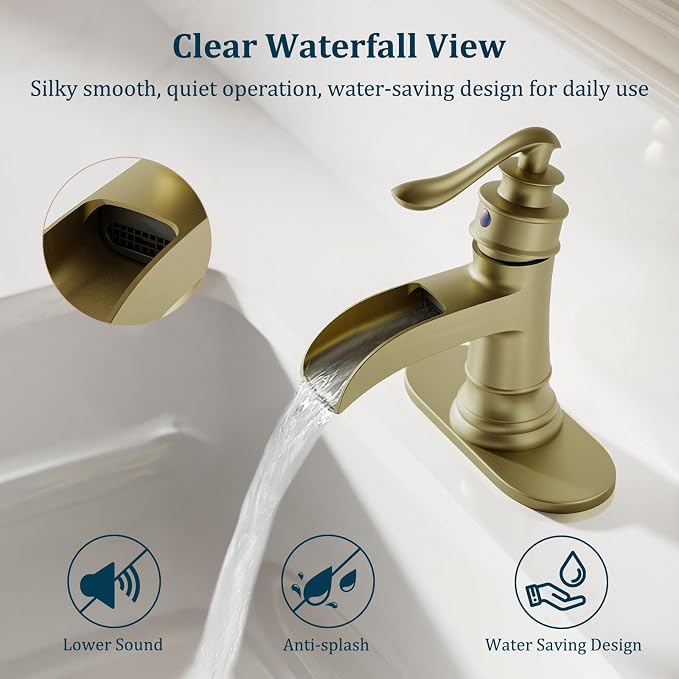 Brushed Gold Waterfall Bathroom Faucet Single Handle Bathroom Sink Faucet | 1 Hole or 3 Hole Sink Brass Waterfall Faucet for Vintage Antique Lavatory Washroom with Pop Up Drain Deck Plate by BATHLAVISH
