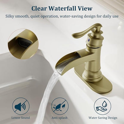 Brushed Gold Waterfall Bathroom Faucet Single Handle Bathroom Sink Faucet | 1 Hole or 3 Hole Sink Brass Waterfall Faucet for Vintage Antique Lavatory Washroom with Pop Up Drain Deck Plate by BATHLAVISH