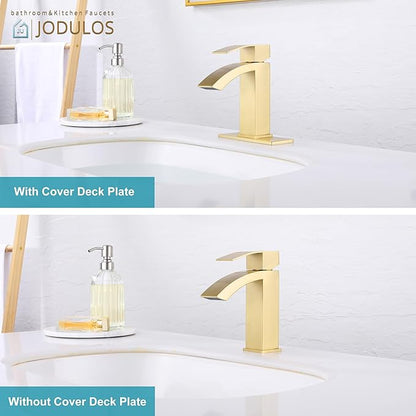 Gold Bathroom Faucet, Waterfall Bathroom Sink Faucet with cUPC Supply Hose and Pop Up Drain, Single Handle Single Hole Modern Faucet for Bathroom Vanity
