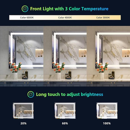 24x36 LED Bathroom Mirror with Lights, RGB Backlit Lighted Mirror | Backlit and Front Light, Anti-Fog, 3 Color Dimmable, Memory, Tempered Glass, IP54 Waterproof, UL Listed