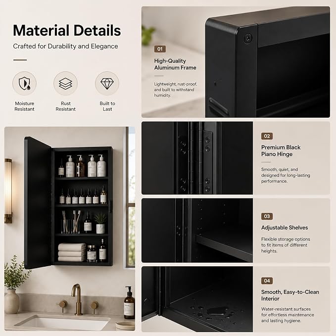 16x24 Medicine Cabinet with Mirror, Black Metal, Recessed or Surface Mount | 3 adjustable metal shelves, soft-close reversible door, 95% assembled; cutout 13.78"W x 19.1"H x 3.86"D