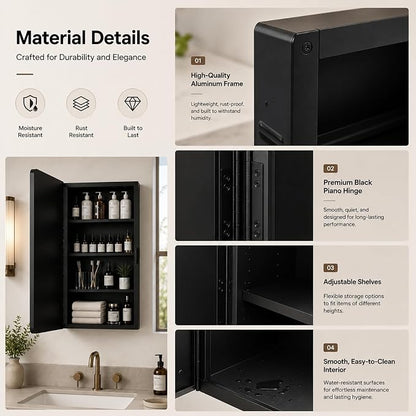 16x24 Medicine Cabinet with Mirror, Black Metal, Recessed or Surface Mount | 3 adjustable metal shelves, soft-close reversible door, 95% assembled; cutout 13.78"W x 19.1"H x 3.86"D
