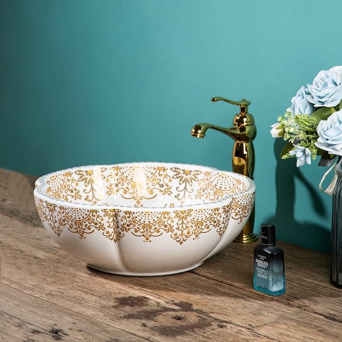 Moroccan Style White Gold Flower Shape Bathroom Vessel Sinks Art Ceramic Above Counter Sink Bowl for Vanity Top,Size Dia.16.4"
