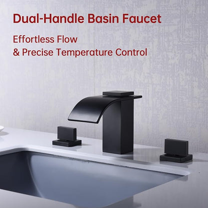 SUMERAIN Matte Black 8 Inch Widespread Waterfall Bathroom Sink Faucet | 3 Hole, 2 Handles, Modern Design, Easy DIY Installation