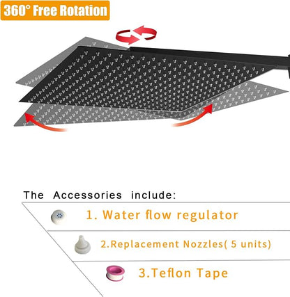 16 In Rain Shower Head High Pressure Rainfall Shower Head Matte Black | Square Rain Bathroom Showerhead, High Flow, Large Stainless Steel, Ceiling Mounted, Wall Mounted, Waterfall Full Body