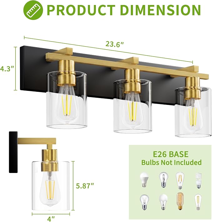 3-Light 21inch Black and Gold Vanity Light, Thickened Clear Glass | Over Mirror for Bathroom, Rust Resistant, E26 Base, Easy Install, Removable Glass Shade Horizontal Mount, Dimmable