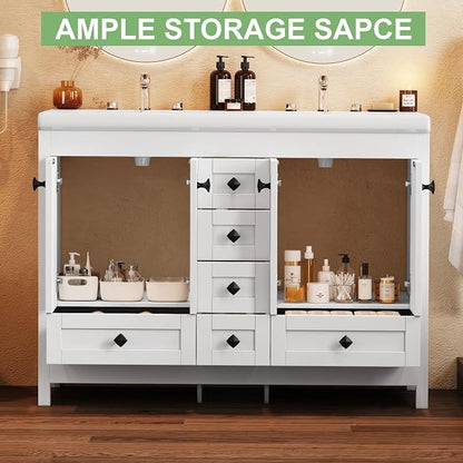 48" Bathroom Vanity with Double Sink, 47.3" W x 19.7" D x 35.4" H Modern Double Bathroom Vanity Cabinet with 2 Doors & 6 Drawers, Solid Wood Frame White Vanity Set with Ceramic Sinks