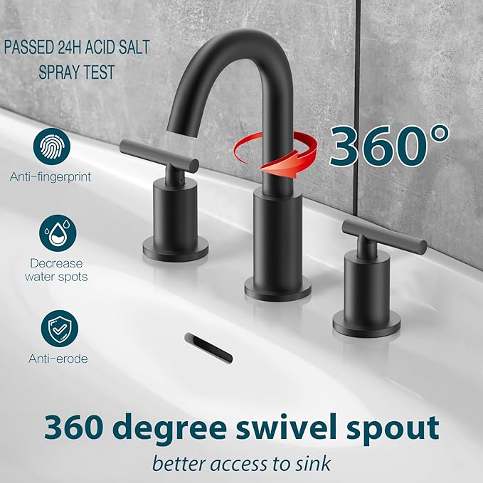 TRUSTMI 2 Handle 8-Inch Widespread Bathroom Faucet Matte Black 3 Hole Brass Bathroom Vanity Sink Faucet with 360° Swivel Spout, Include Overflow Drain and cUPC Supply Lines