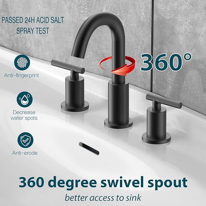 TRUSTMI 2 Handle 8-Inch Widespread Bathroom Faucet Matte Black 3 Hole Brass Bathroom Vanity Sink Faucet with 360° Swivel Spout, Include Overflow Drain and cUPC Supply Lines