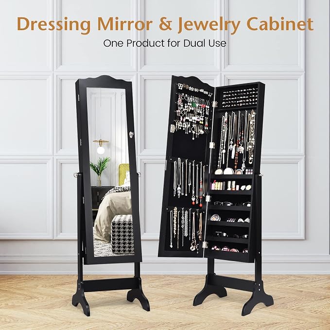 NAFORT Jewelry Armoire, Mirror with Jewelry Storage, Jewelry Organizer, Standing Lockable Jewelry Cabinet with Full Length Mirror, Jewelry Organizer with 2 Drawers, Black