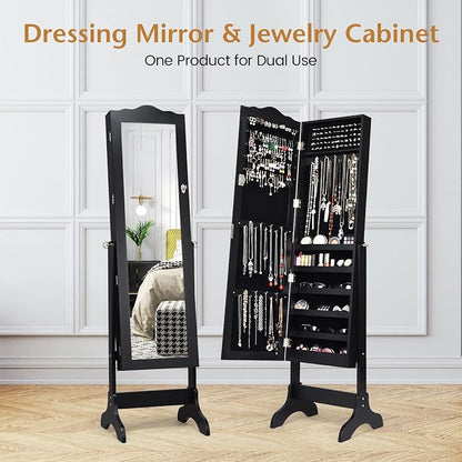 NAFORT Jewelry Armoire, Mirror with Jewelry Storage, Jewelry Organizer, Standing Lockable Jewelry Cabinet with Full Length Mirror, Jewelry Organizer with 2 Drawers, Black