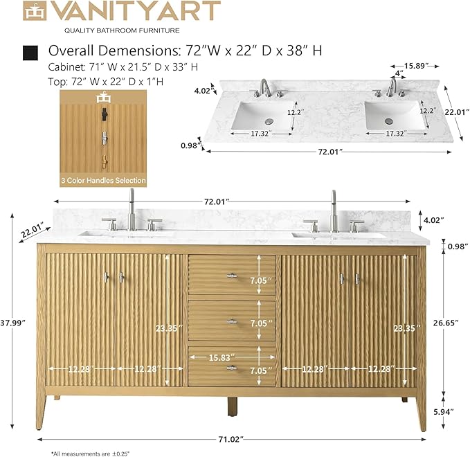 Vanity Art 60 inch Oak Bathroom Vanity with Single Sink & Ceramic Top, Vanity Cabinet with Soft-Closing Door, Solid Wood Frame, Linear Pattern, Natural Oak, VA9160-SNO-MB,Matte Black Handles