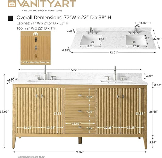 Vanity Art 60 inch Oak Bathroom Vanity with Single Sink & Ceramic Top, Vanity Cabinet with Soft-Closing Door, Solid Wood Frame, Linear Pattern, Natural Oak, VA9160-SNO-MB,Matte Black Handles