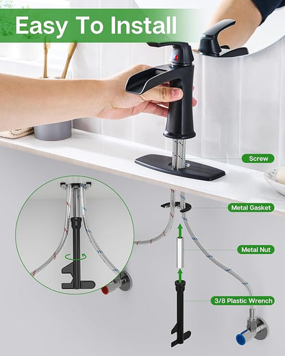 Fapully Bathroom Faucets Matte Black, Modern Waterfall Bathroom Sink Faucet with Single Handle for 1 or 3 Holes, Vanity Faucet with Deck Plate and Drain