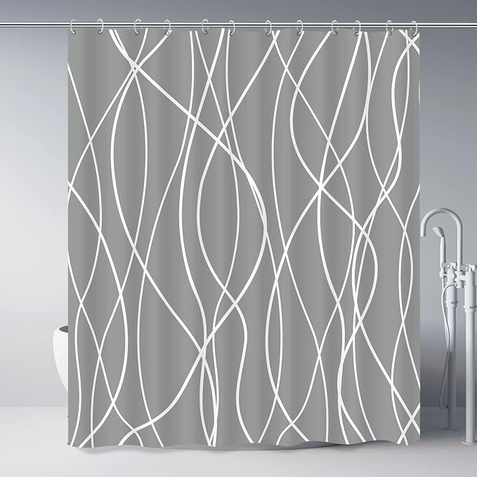Striped Shower Curtain for Bathroom, Charcoal Grey, 72" W x 72" L | with Hooks, Modern Hotel Style, Water Repellent, Washable, Weighted Hem