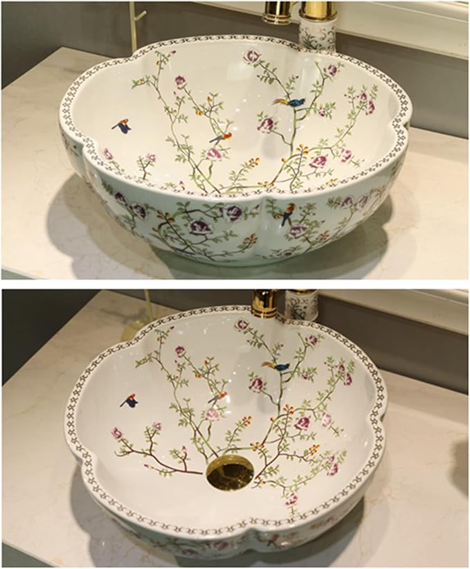 White Bathroom Vessel Sink for Vanity Top Sinks with Flower Bird Pattern|1 Aboe Counter Sink Only,H15cmxD41.5cmxBottom D.22cm