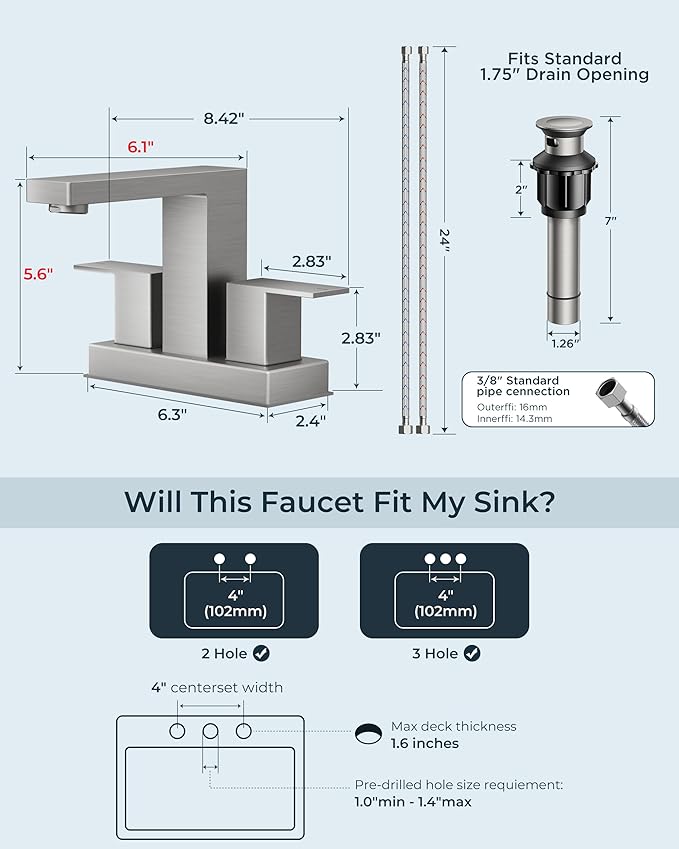 FORIOUS 4 Inch Brushed Nickel Bathroom Faucet Centerset 2 Handles, 3 or 2 Hole Centerset Bathroom Sink Faucet Brushed Nickel Square with Metal Drain, 24" CUPC Hose, and 1.2 GPM Spare Aerator