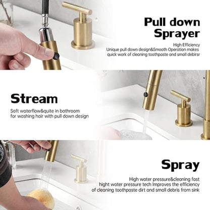 Brushed Gold Pull Down Bathroom Faucet with Pop-up Drain, 8 inch Widespread Bathroom Faucet 3 Hole with Pull Down Sprayer 2 Modes. 8'' Brushed Gold Bathroom Faucet with Supply Lines