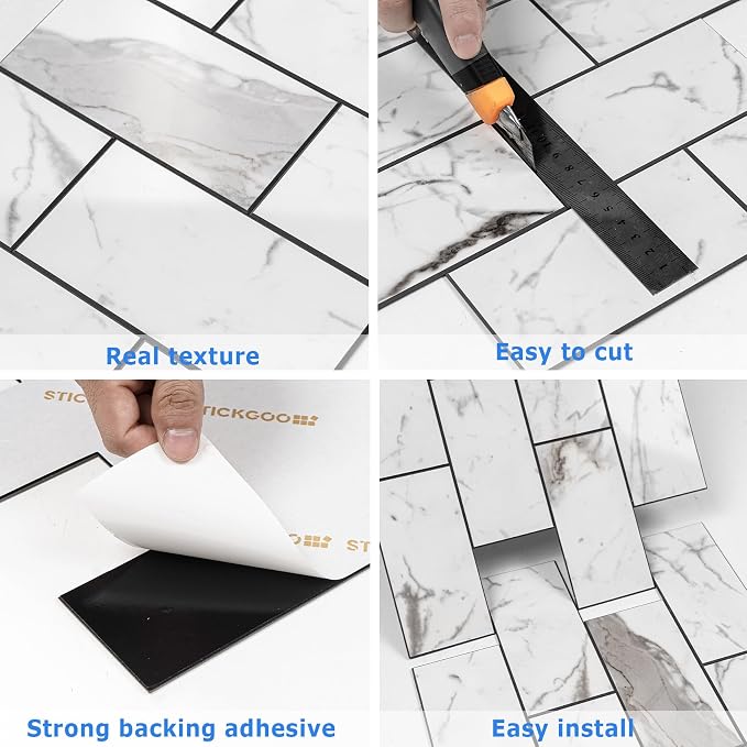 STICKGOO Subway Tile Peel and Stick Backsplash, Glossy White Marble PVC Self Adhesive Tile Backsplash, Stick on Tile for Kitchen and Bathroom(10 Sheets)