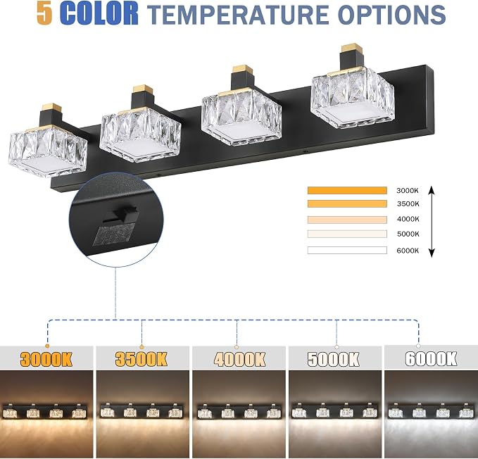Bathroom Vanity Lights Over Mirror,4-Light Dimmable 5CCT Led Vanity Lights Black Gold Crystal Wall Sconce Lighting 29.92 inches Modern Vanity Light for Bathroom,Bedroom,Living room(3000K-6000K）