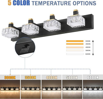 Bathroom Vanity Lights Over Mirror,4-Light Dimmable 5CCT Led Vanity Lights Black Gold Crystal Wall Sconce Lighting 29.92 inches Modern Vanity Light for Bathroom,Bedroom,Living room(3000K-6000K）