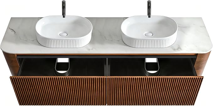 72" Preassembled Double Floating Bathroom Vanity with White Sink, Walnut | Mid-Century Modern Style, Fluted & Soft-Close Drawer with U-shaped Wall, Sinterted Stone Countertop, Towel Rack Included
