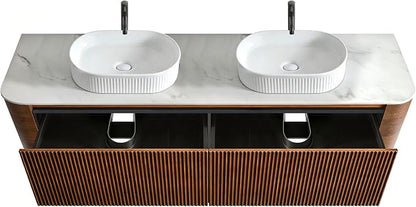 72" Preassembled Double Floating Bathroom Vanity with White Sink, Walnut | Mid-Century Modern Style, Fluted & Soft-Close Drawer with U-shaped Wall, Sinterted Stone Countertop, Towel Rack Included
