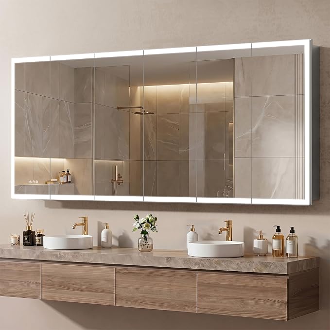 96"x40" LED Lighted Medicine Cabinet Mirror with Electrical Outlet & USB, Anti-Fog, 3 Color Temperature Stepless Dimmable, Aluminum Cabinet for Bathroom Storage and Modern Decor