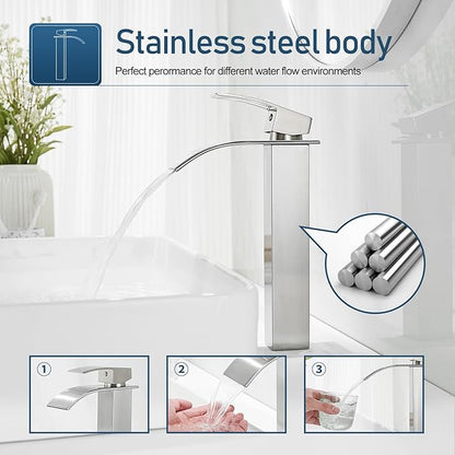 Tall Bathroom Faucets Vessel Sink Faucet Brushed Nickel Waterfall Bathroom Bowl Sink Faucet Rv Lavatory Faucet with Supply Hose