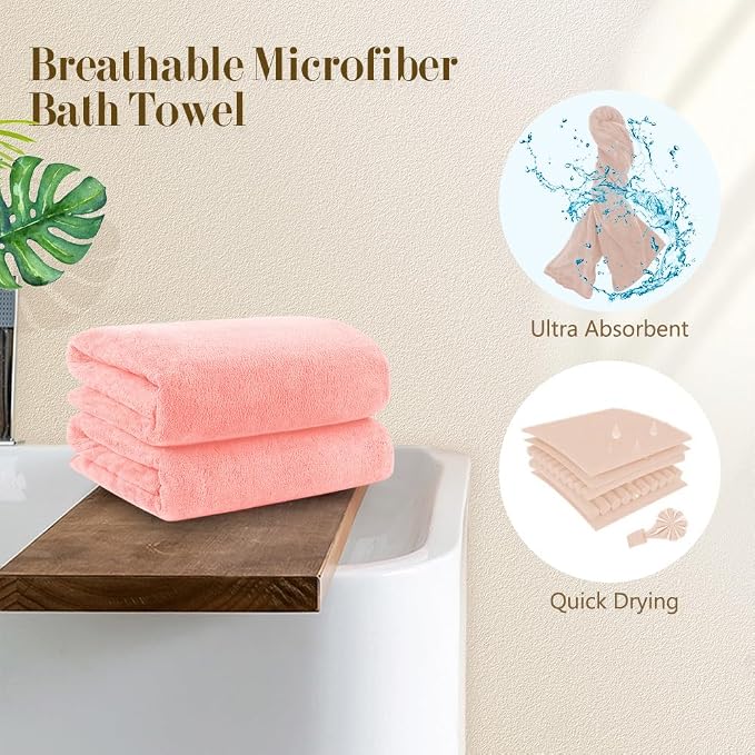 Orighty Bath Towels, Soft Feel Bath Towel, 4 Pack (27'' x 54'') | Highly Absorbent, Quick Drying Microfiber Towels for Body, Sport, Yoga, SPA, Fitness, Bathroom - Pink