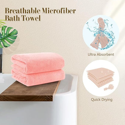 Orighty Bath Towels, Soft Feel Bath Towel, 4 Pack (27'' x 54'') | Highly Absorbent, Quick Drying Microfiber Towels for Body, Sport, Yoga, SPA, Fitness, Bathroom - Pink