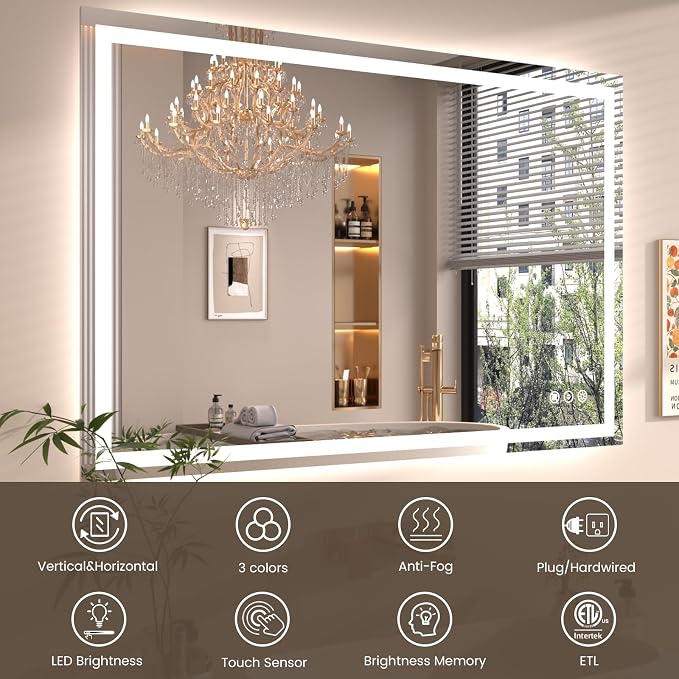 Snowdool 48 x 30 in LED Bathroom Mirror, Front and Backlit, Anti-Fog | Front and Backlit, 3 Color Temperatures, Anti-Fog, Tempered Glass