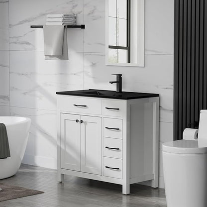 LUCKWIND 36" Bathroom Vanity with Black Sink Combo, Painted Modern Bathroom Storage Cabinet with Black Sink, Two Doors and Three Drawers, Include Faucet Without Mirror, White