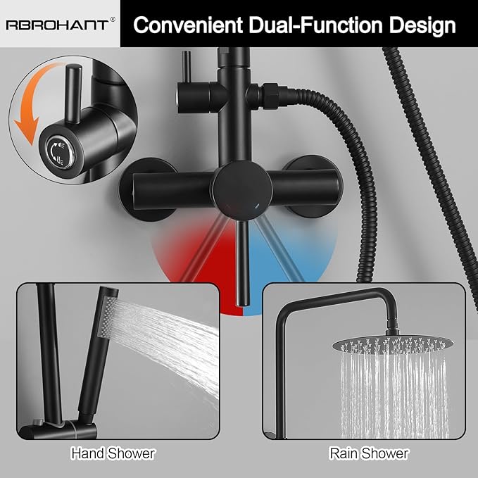 RBROHANT Outdoor Shower, Wall Mount Outdoor Shower Kit, Outside Shower Faucet with Height Adjustable Rain Shower Head and Handheld, Exposed Shower System for Yard, Wall Mounted, Matte Black, JK0145