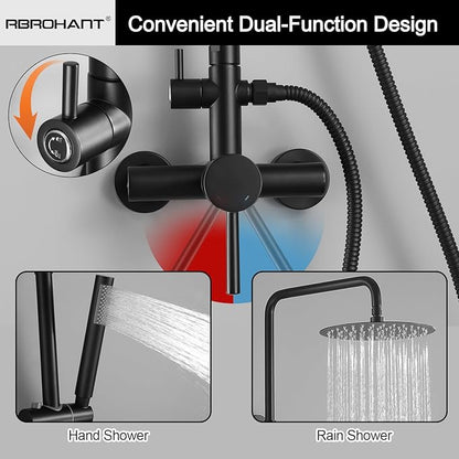 RBROHANT Outdoor Shower, Wall Mount Outdoor Shower Kit, Outside Shower Faucet with Height Adjustable Rain Shower Head and Handheld, Exposed Shower System for Yard, Wall Mounted, Matte Black, JK0145